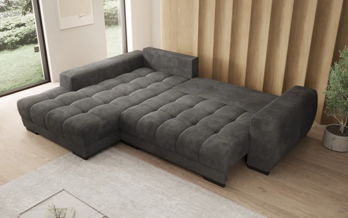 Designer Ecksofa Balu mit Schlaffunktion und Stauraum in Cord