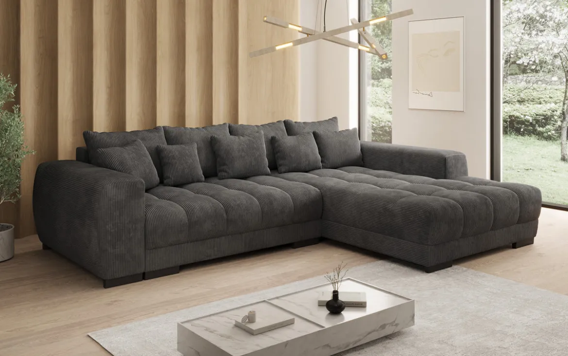 Designer Ecksofa Balu mit Schlaffunktion und Stauraum in Cord