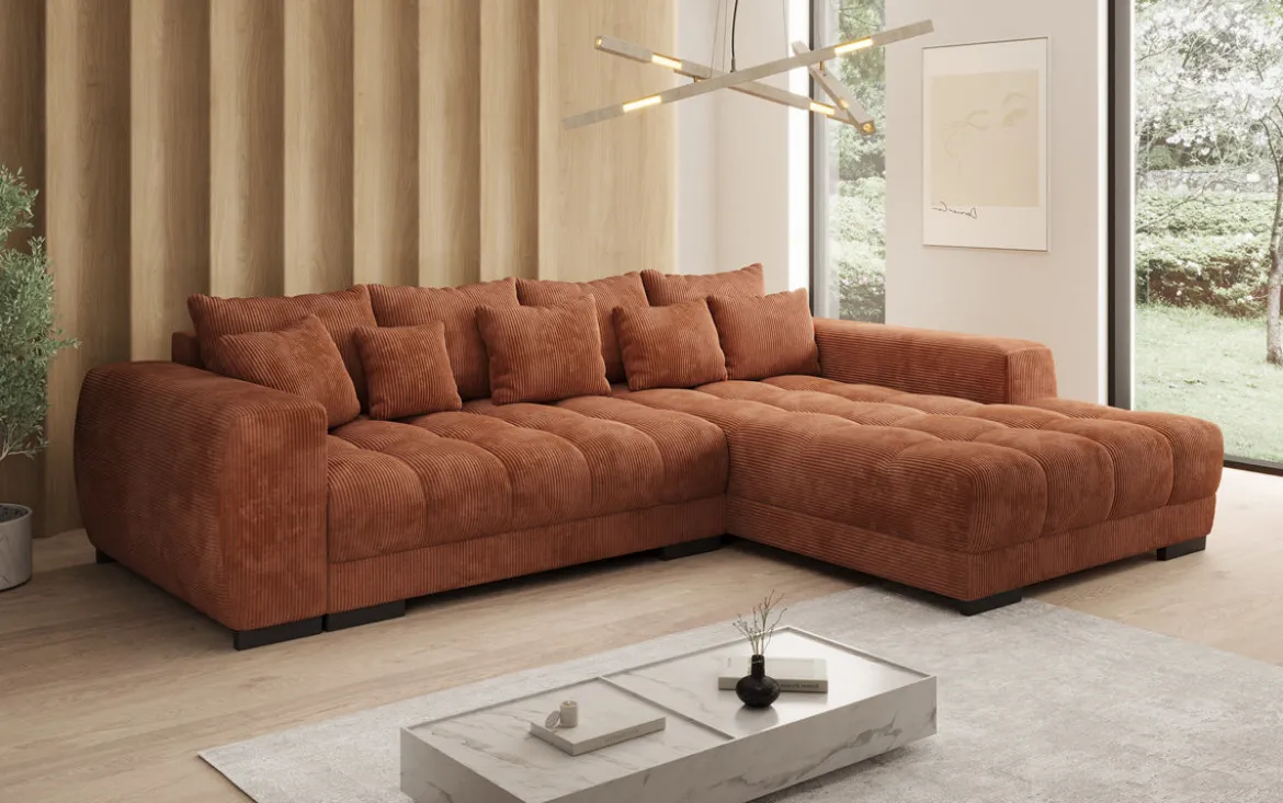 Designer Ecksofa Balu mit Schlaffunktion und Stauraum in Cord