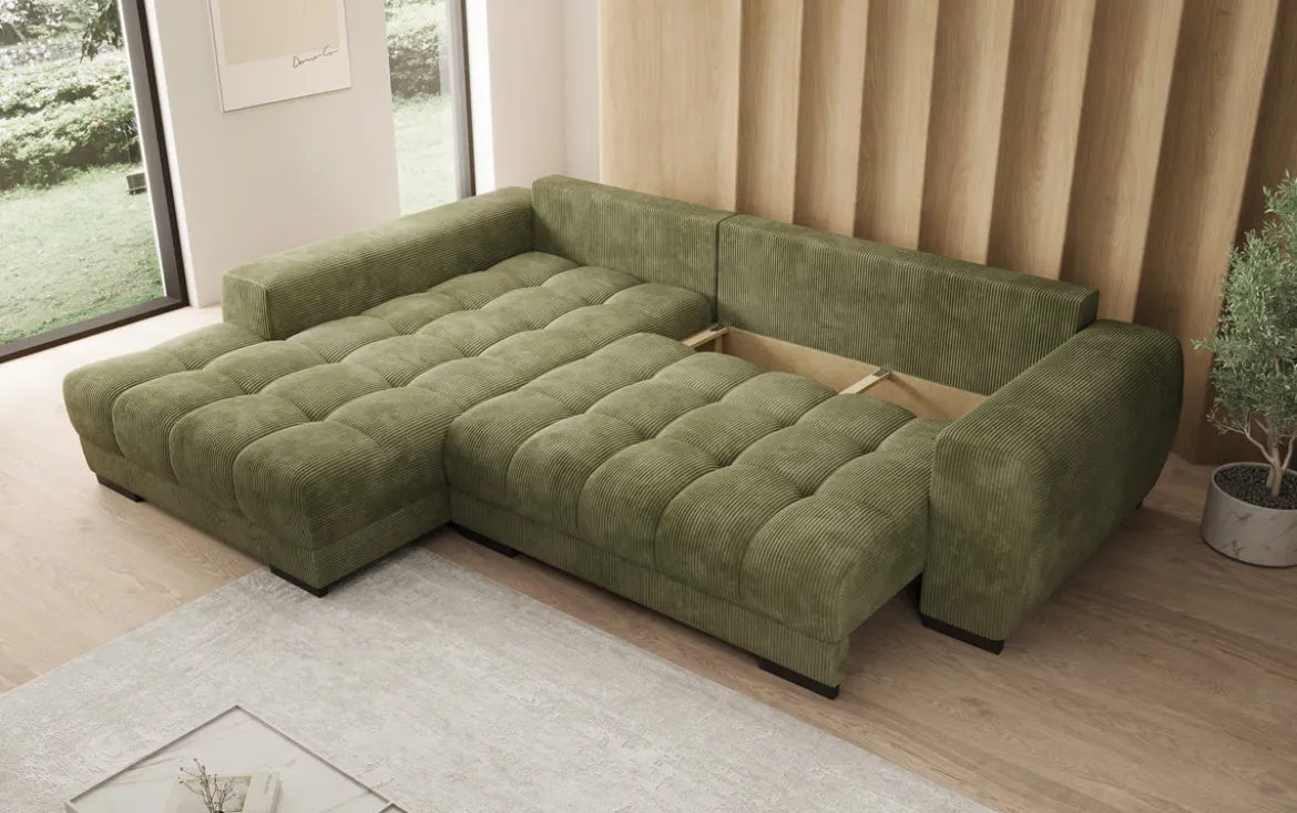 Designer Ecksofa Balu mit Schlaffunktion und Stauraum in Cord