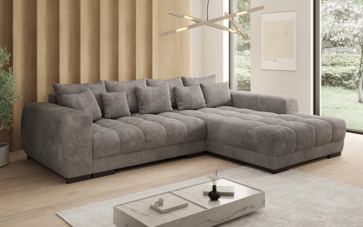 Designer Ecksofa Balu mit Schlaffunktion und Stauraum in Cord
