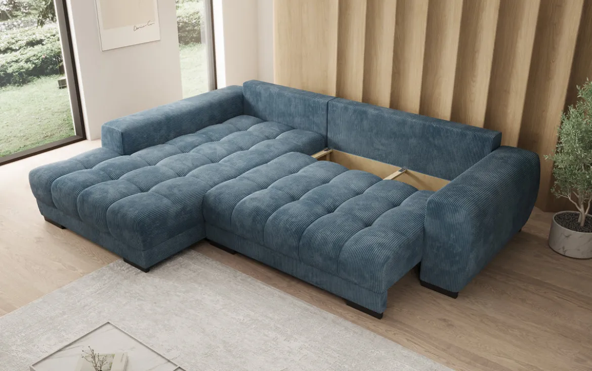 Designer Ecksofa Balu mit Schlaffunktion und Stauraum in Cord
