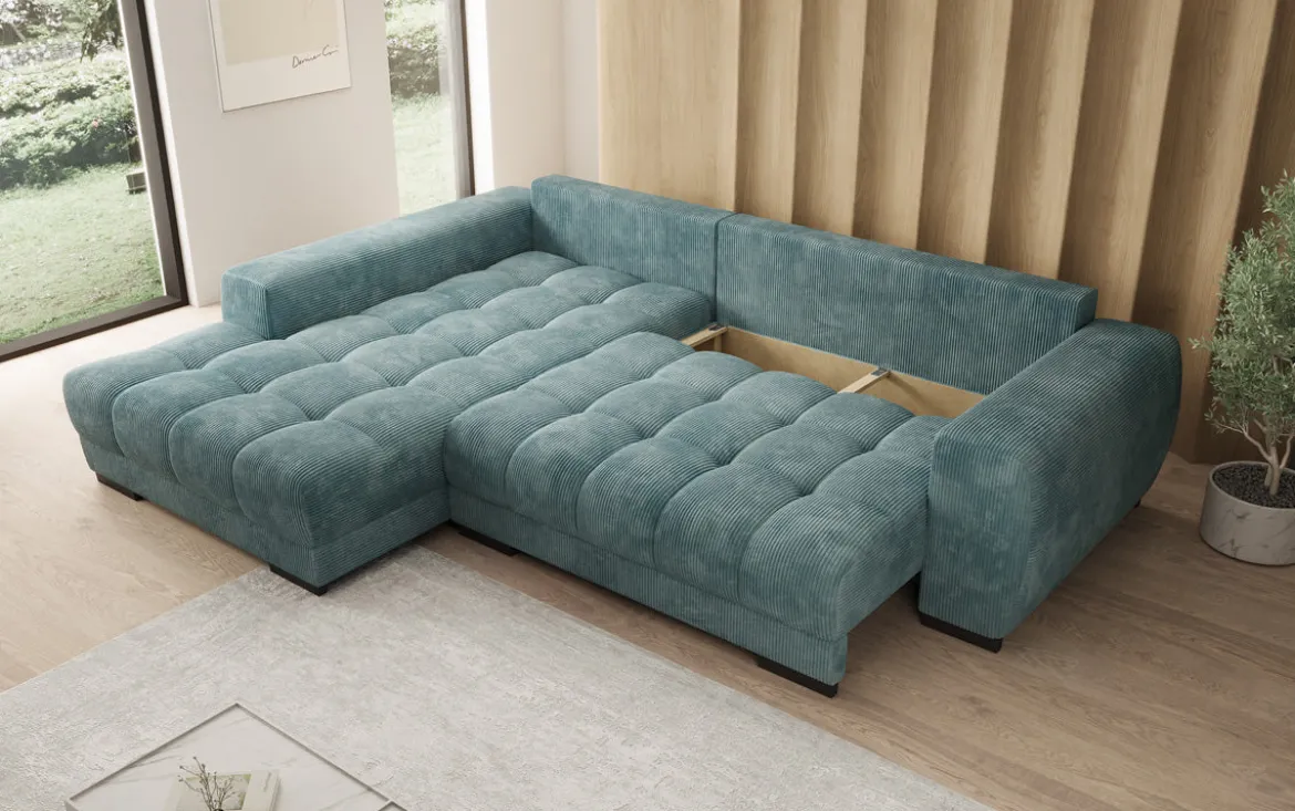Designer Ecksofa Balu mit Schlaffunktion und Stauraum in Cord