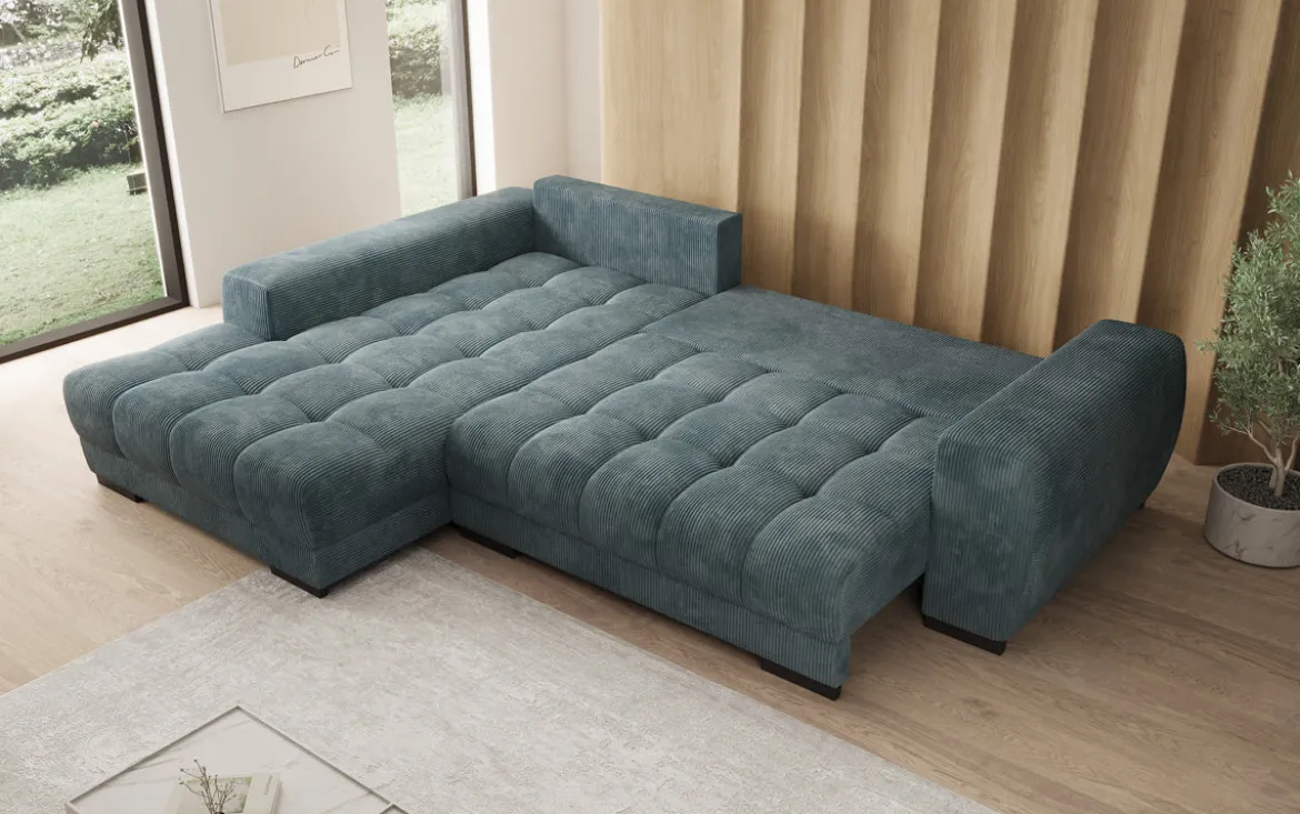 Designer Ecksofa Balu mit Schlaffunktion und Stauraum in Cord