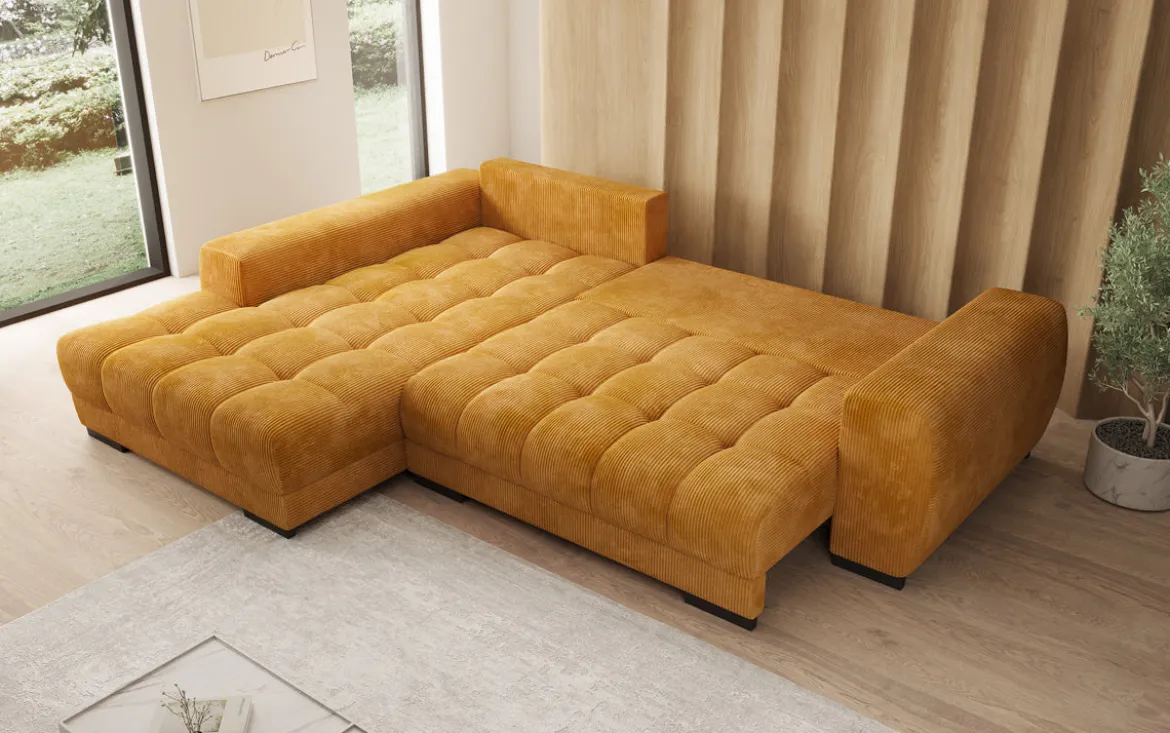 Designer Ecksofa Balu mit Schlaffunktion und Stauraum in Cord