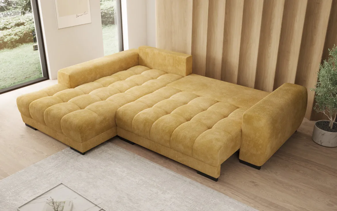 Designer Ecksofa Balu mit Schlaffunktion und Stauraum in Cord