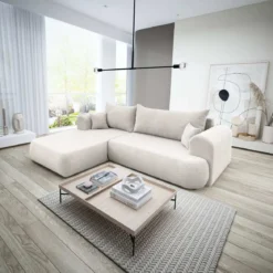 Designer Ecksofa Baron mit Schlaffunktion und Stauraum aus Boucle