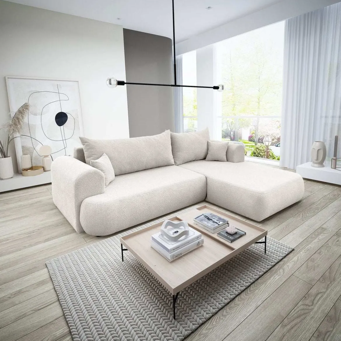 Designer Ecksofa Baron mit Schlaffunktion und Stauraum aus Boucle