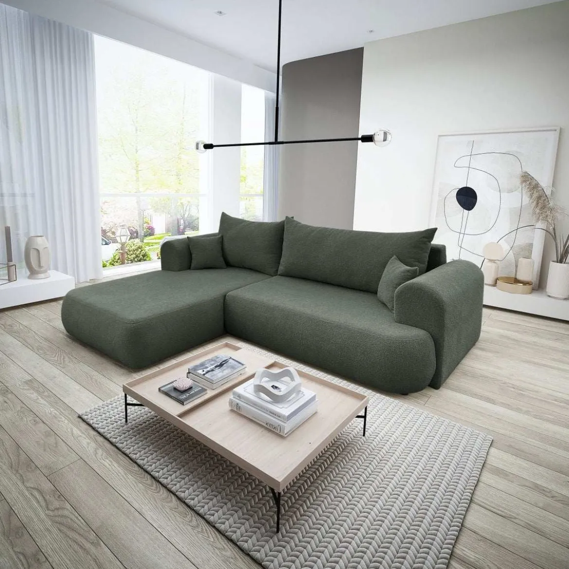 Designer Ecksofa Baron mit Schlaffunktion und Stauraum aus Boucle