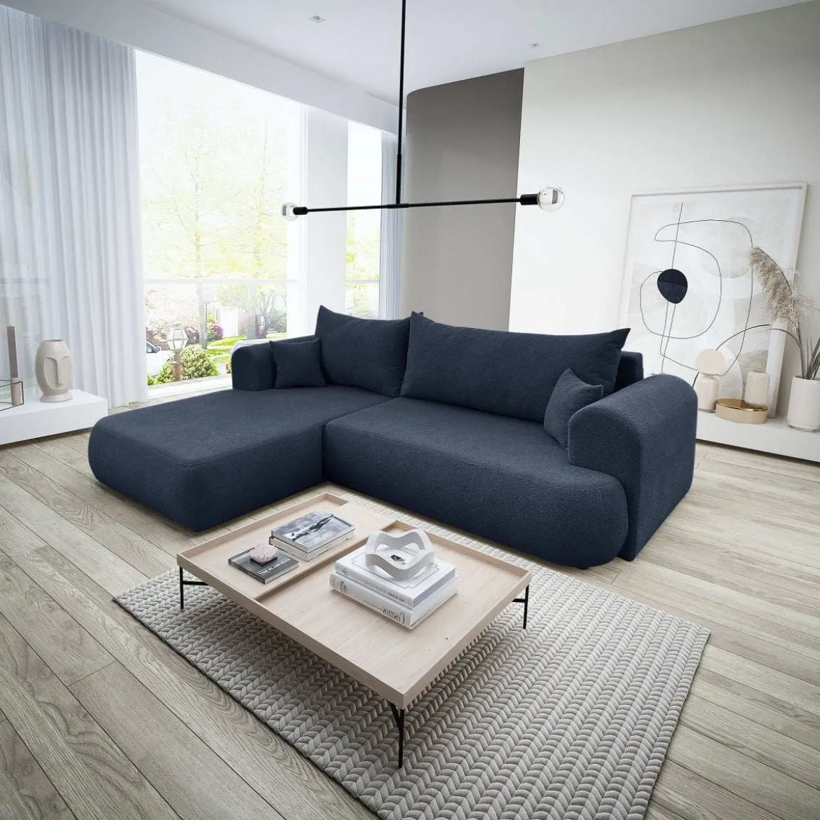 Designer Ecksofa Baron mit Schlaffunktion und Stauraum aus Boucle
