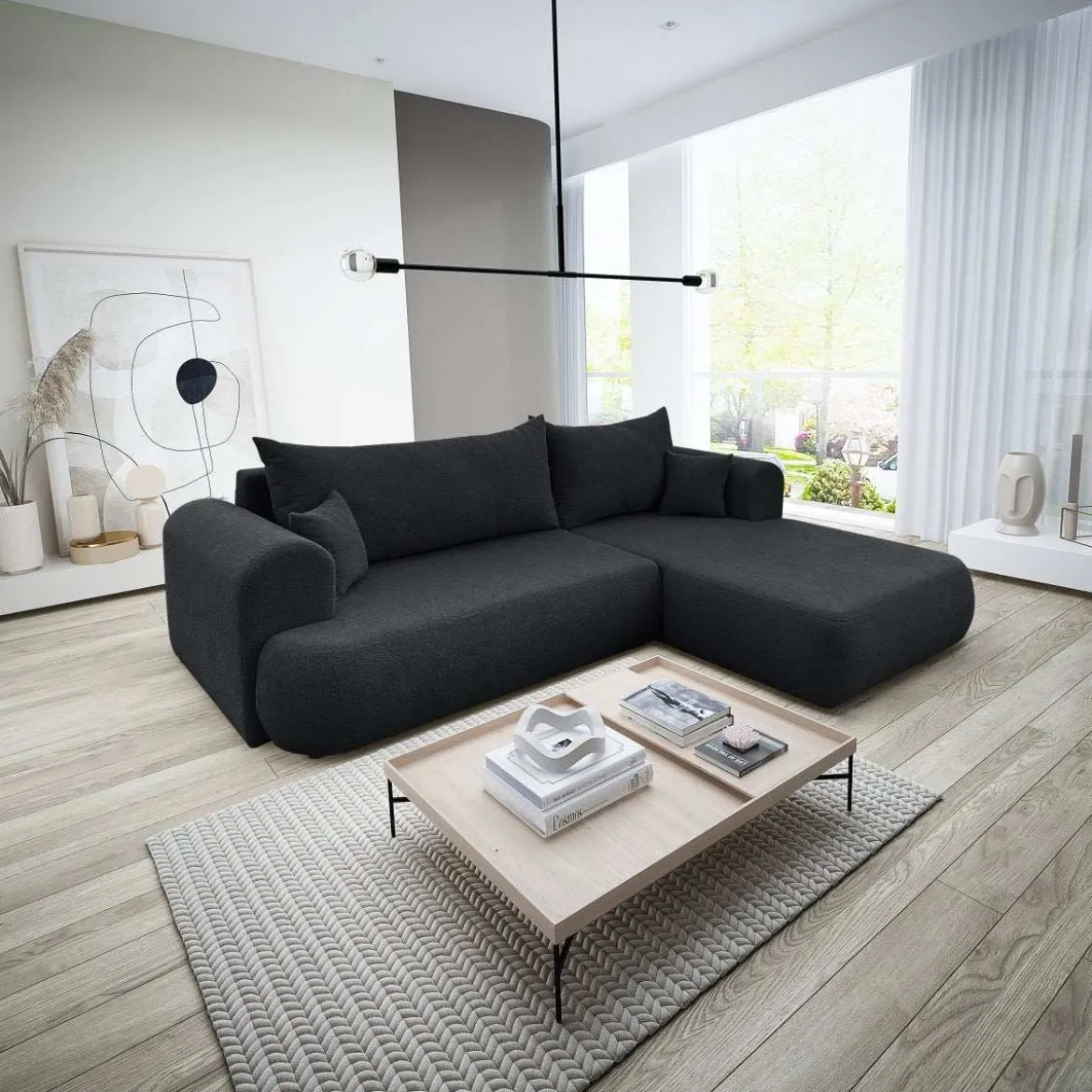 Designer Ecksofa Baron mit Schlaffunktion und Stauraum aus Boucle