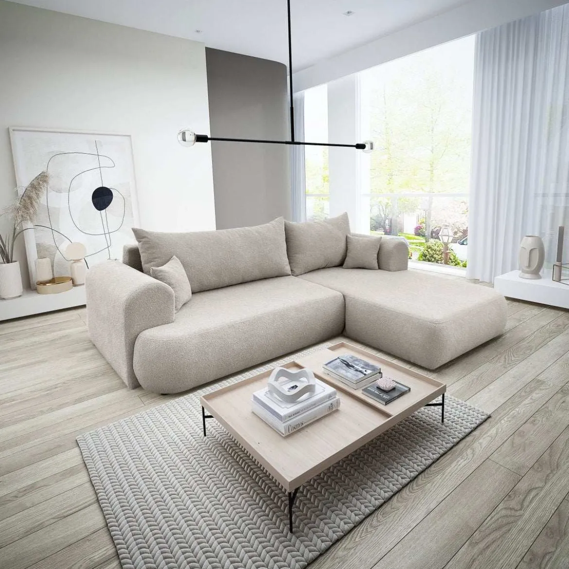 Designer Ecksofa Baron mit Schlaffunktion und Stauraum aus Boucle