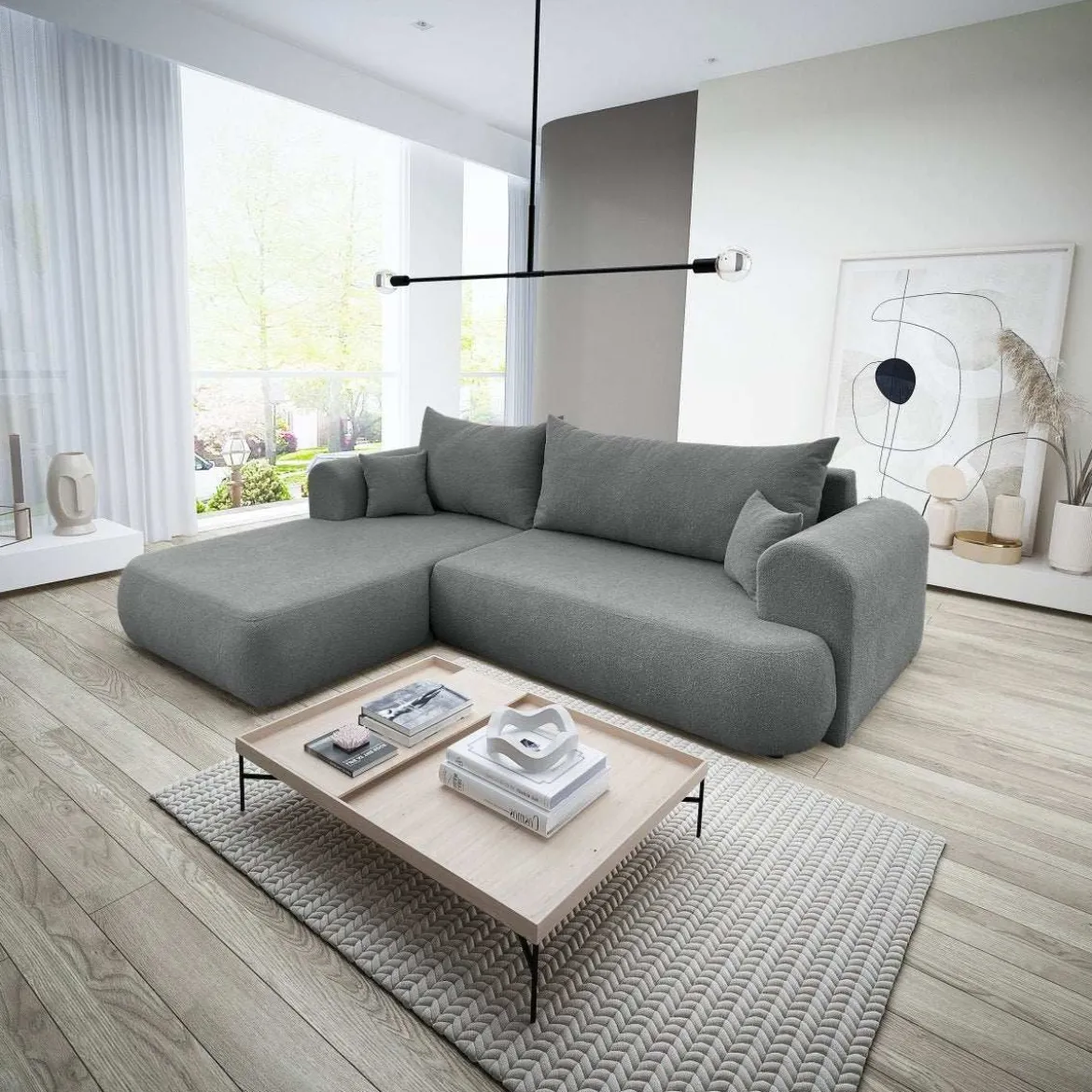 Designer Ecksofa Baron mit Schlaffunktion und Stauraum aus Boucle