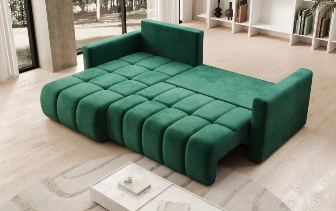 Designer Ecksofa Beatrice mit Schlaf- und Klappfunktion in Samt
