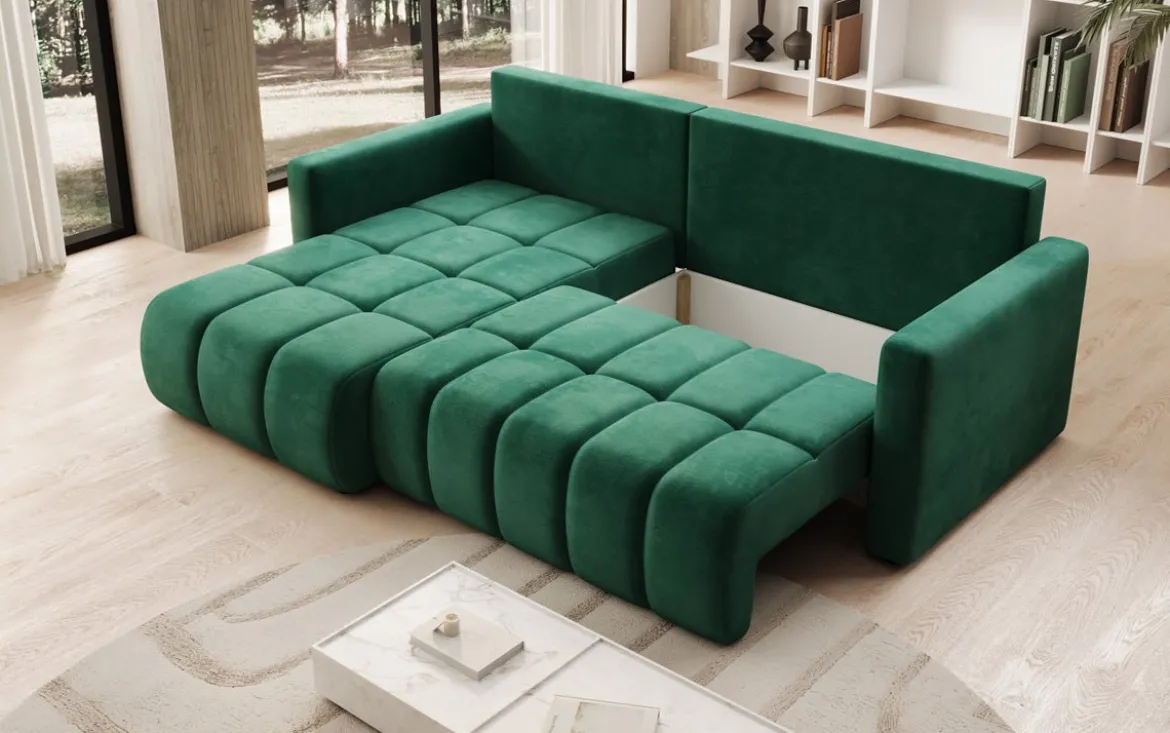 Designer Ecksofa Beatrice mit Schlaf- und Klappfunktion in Samt