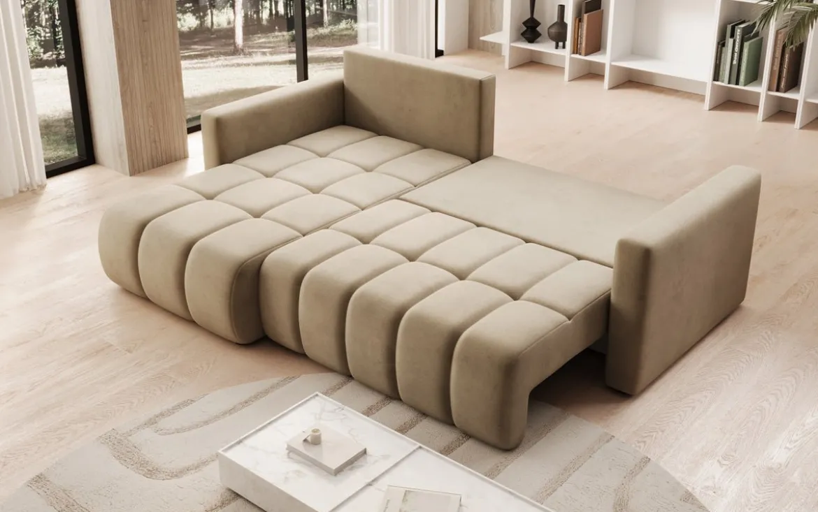 Designer Ecksofa Beatrice mit Schlaf- und Klappfunktion in Samt