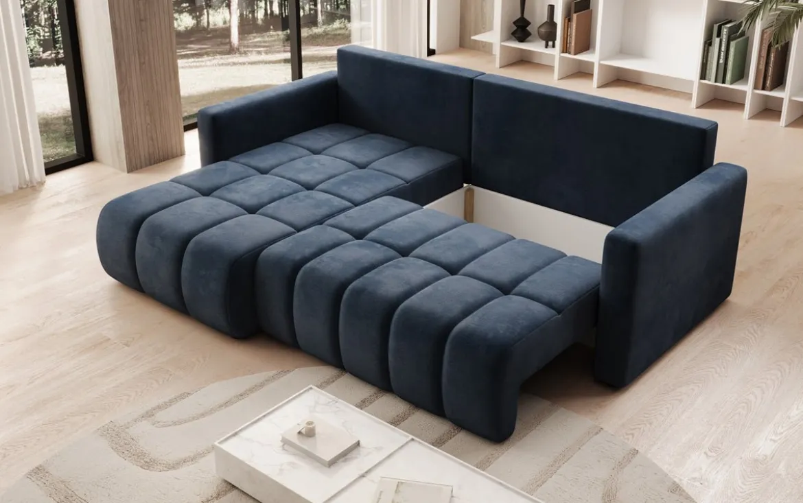 Designer Ecksofa Beatrice mit Schlaf- und Klappfunktion in Samt