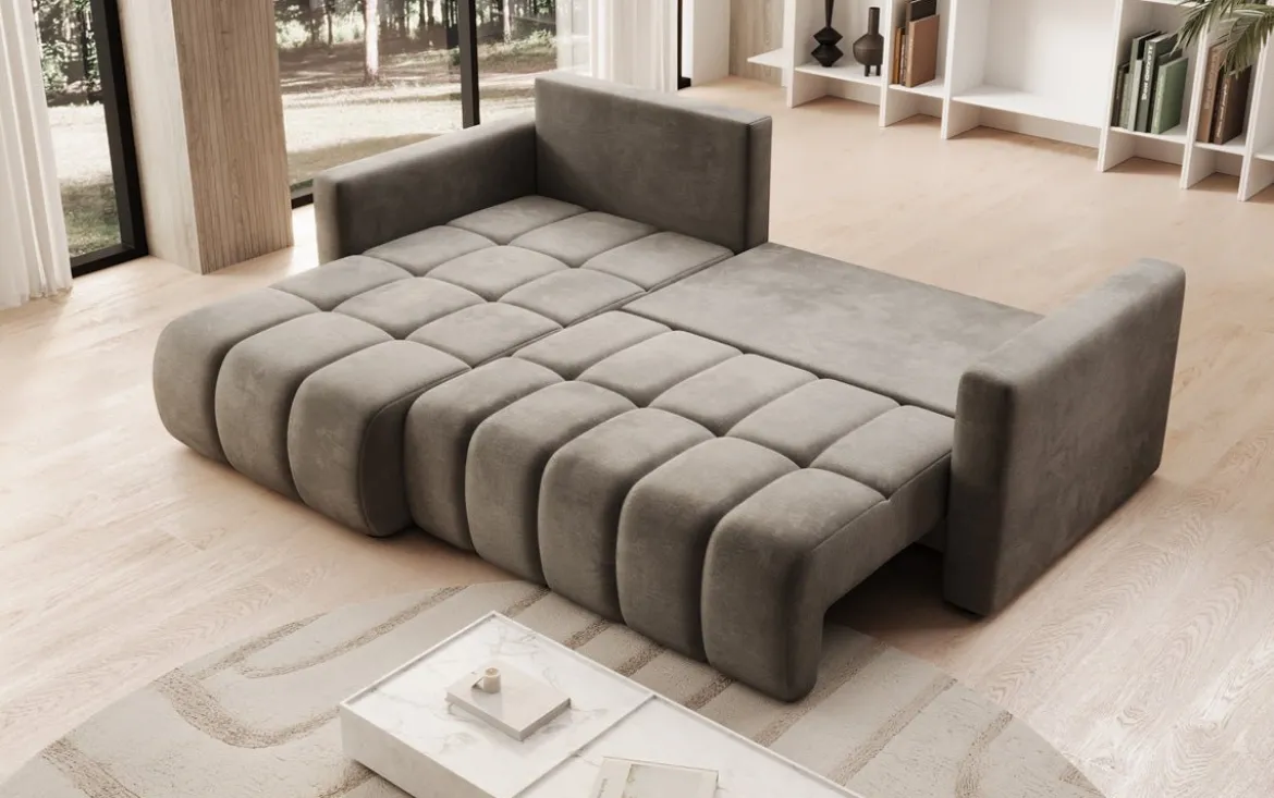 Designer Ecksofa Beatrice mit Schlaf- und Klappfunktion in Samt