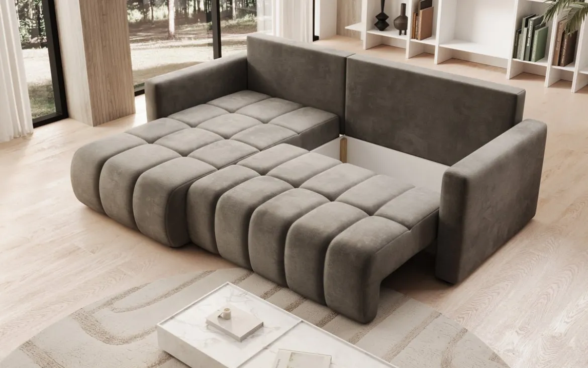 Designer Ecksofa Beatrice mit Schlaf- und Klappfunktion in Samt