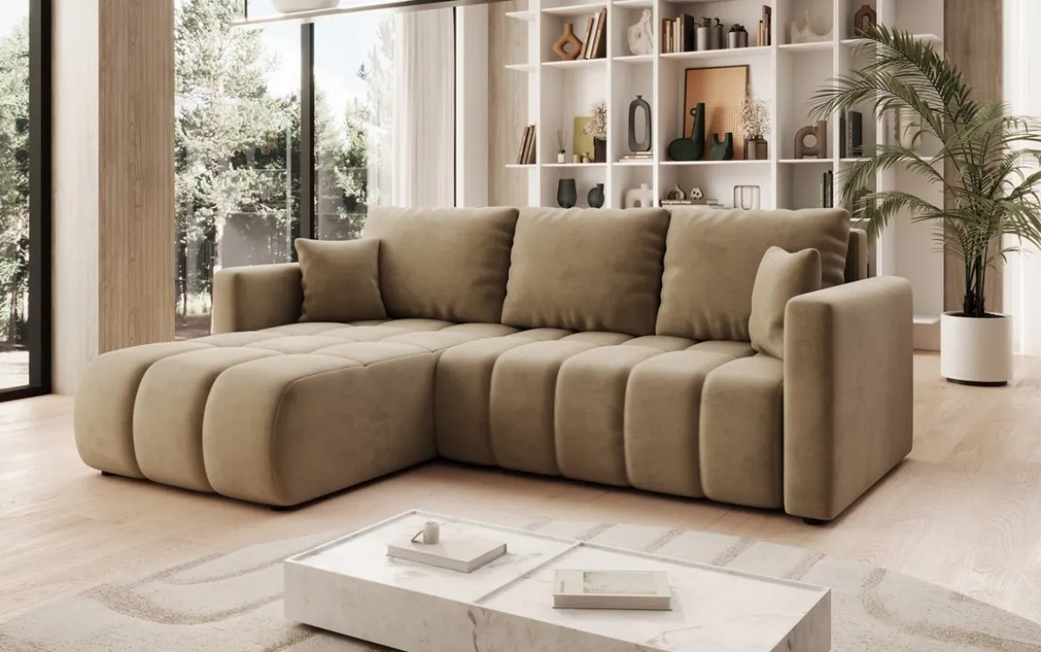 Designer Ecksofa Beatrice mit Schlaf- und Klappfunktion in Samt