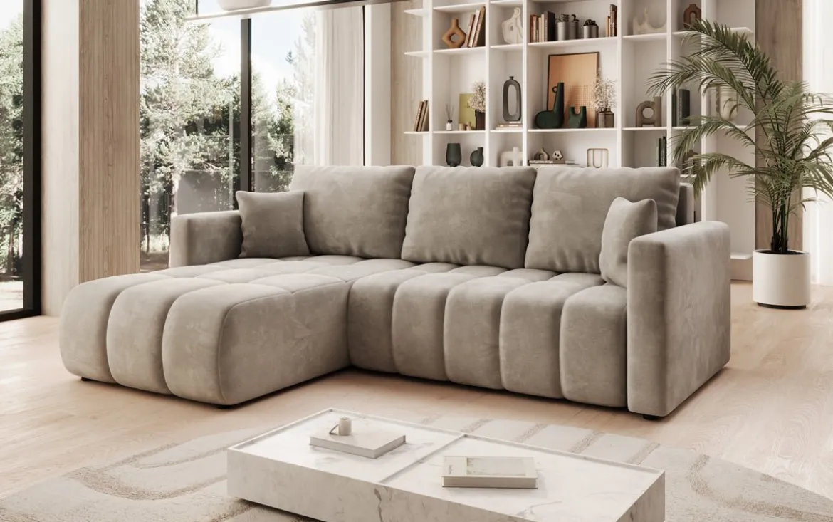 Designer Ecksofa Beatrice mit Schlaf- und Klappfunktion in Samt