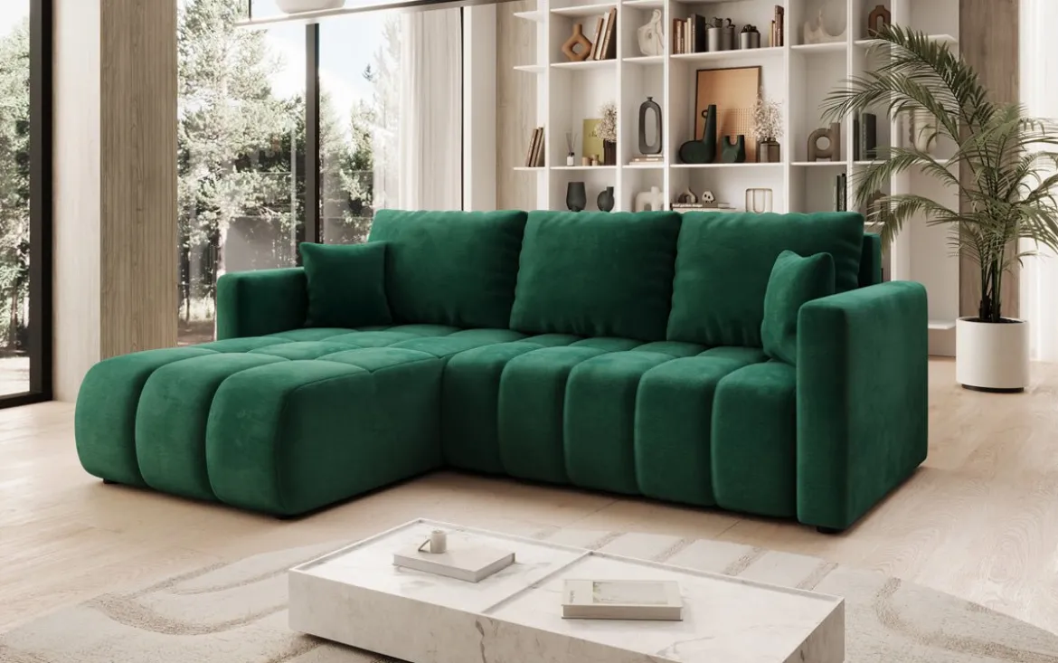 Designer Ecksofa Beatrice mit Schlaf- und Klappfunktion in Samt
