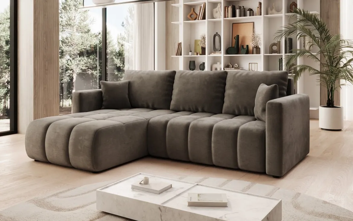 Designer Ecksofa Beatrice mit Schlaf- und Klappfunktion in Samt