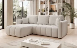 Designer Ecksofa Beatrice mit Schlaf- und Klappfunktion in Bouclé