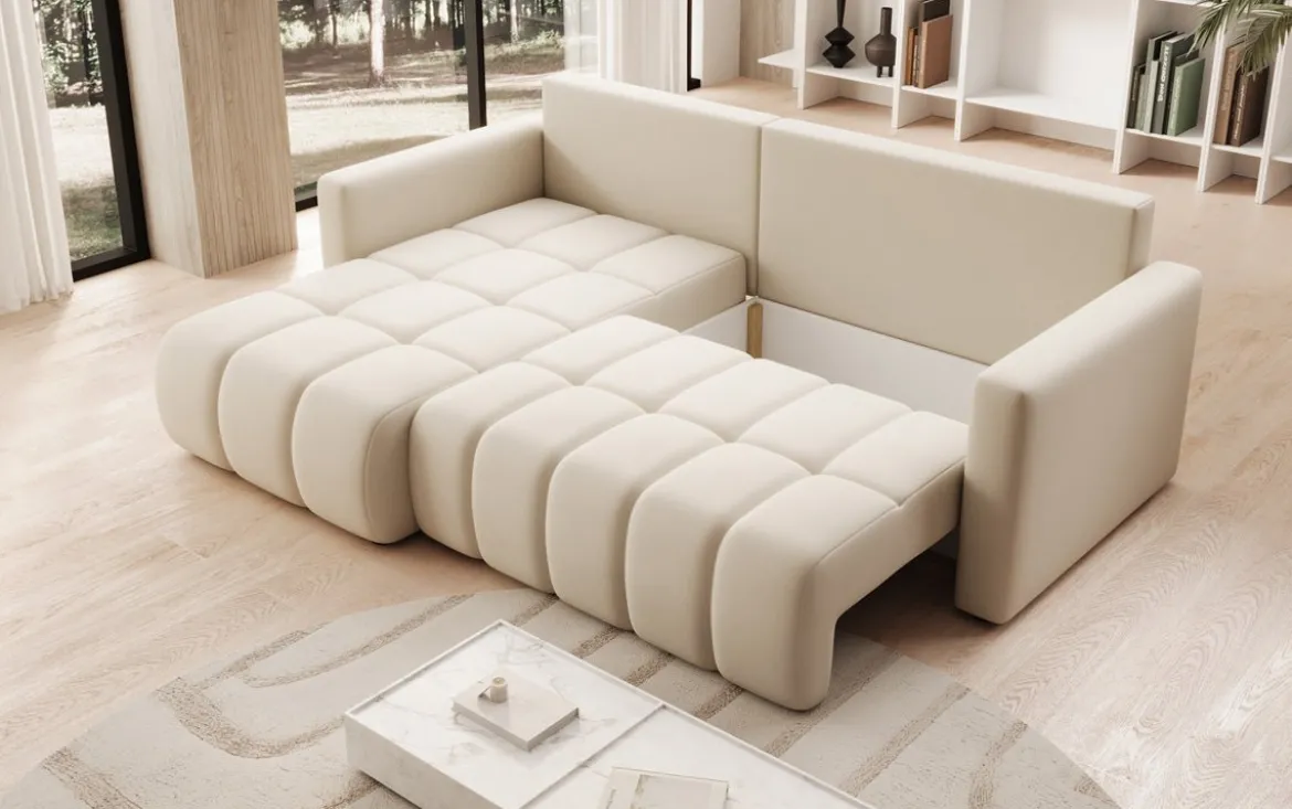 Designer Ecksofa Beatrice mit Schlaf- und Klappfunktion in Stoff
