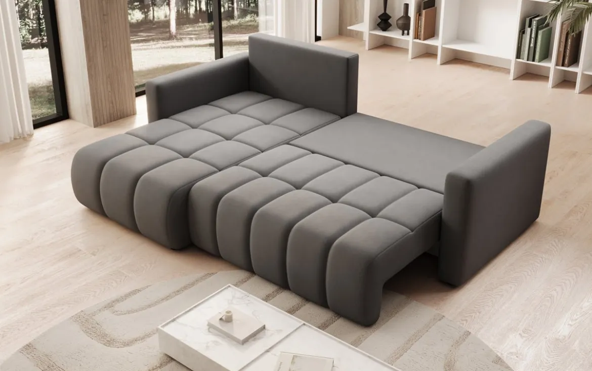 Designer Ecksofa Beatrice mit Schlaf- und Klappfunktion in Stoff