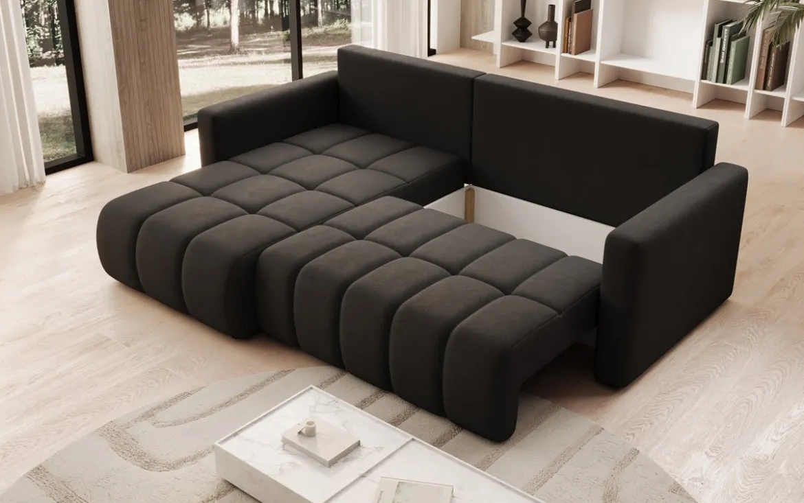 Designer Ecksofa Beatrice mit Schlaf- und Klappfunktion in Stoff