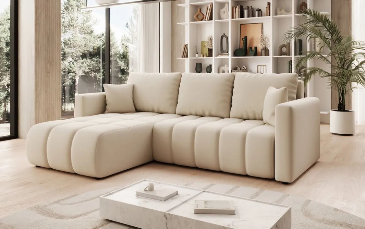 Designer Ecksofa Beatrice mit Schlaf- und Klappfunktion in Stoff