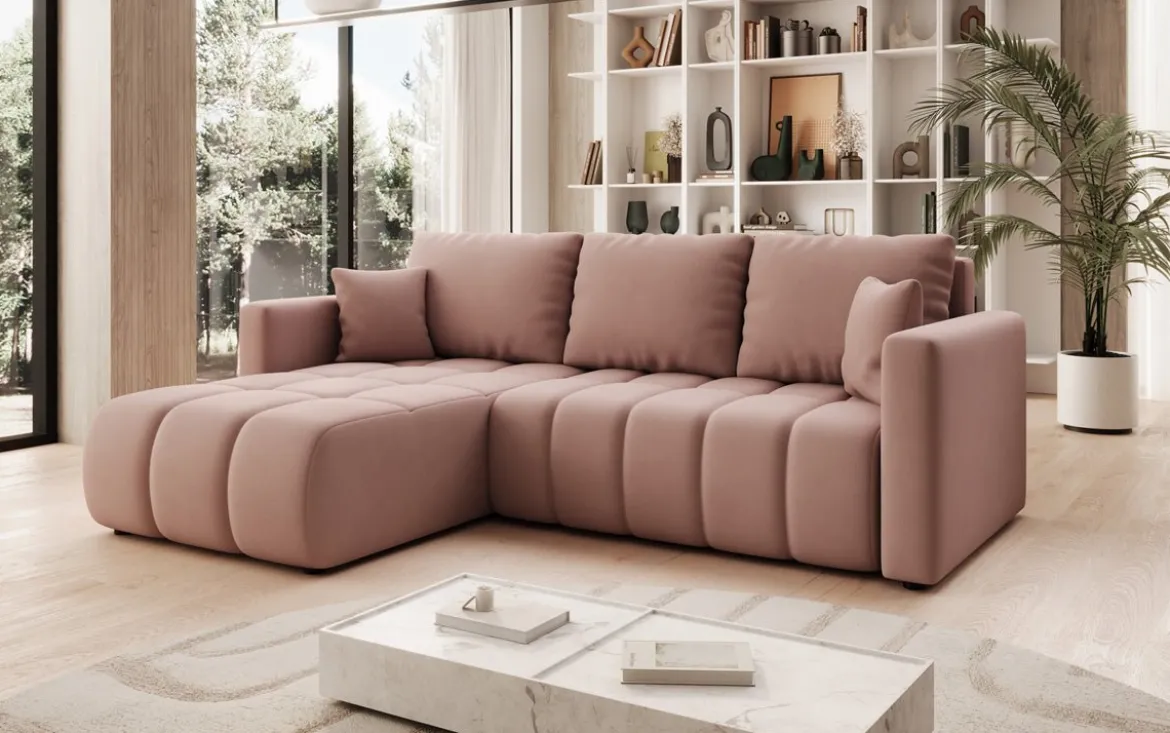 Designer Ecksofa Beatrice mit Schlaf- und Klappfunktion in Stoff