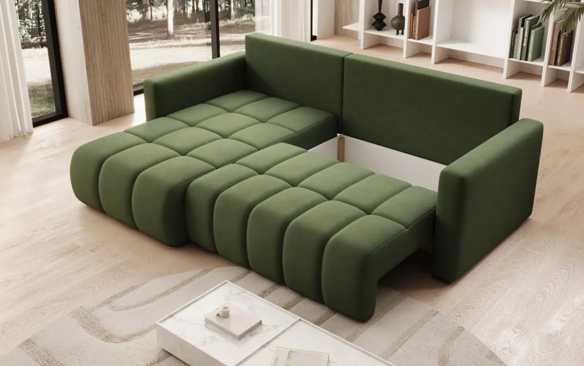 Designer Ecksofa Beatrice mit Schlaf- und Klappfunktion in Stoff
