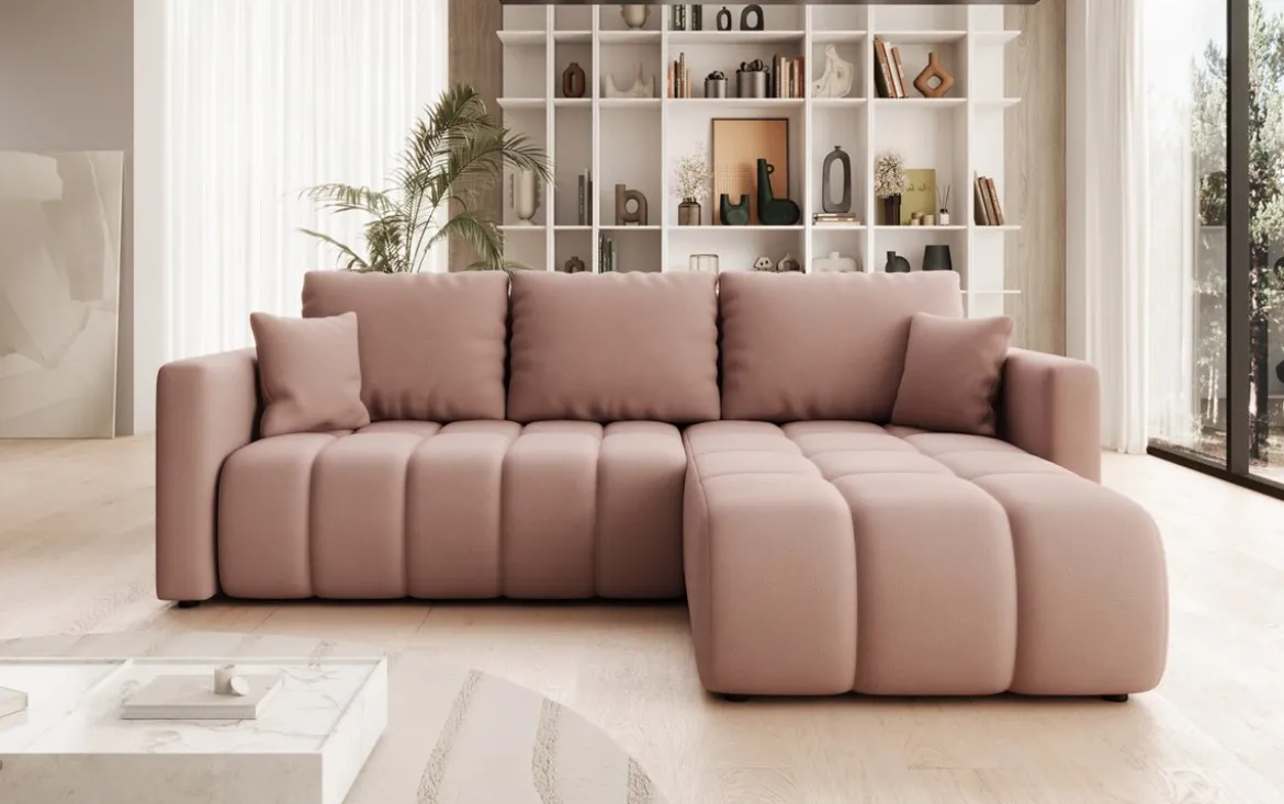 Designer Ecksofa Beatrice mit Schlaf- und Klappfunktion in Stoff