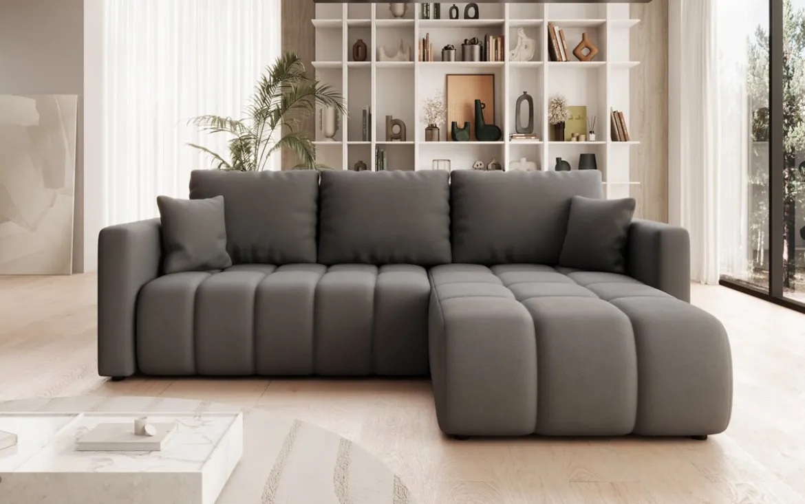 Designer Ecksofa Beatrice mit Schlaf- und Klappfunktion in Stoff