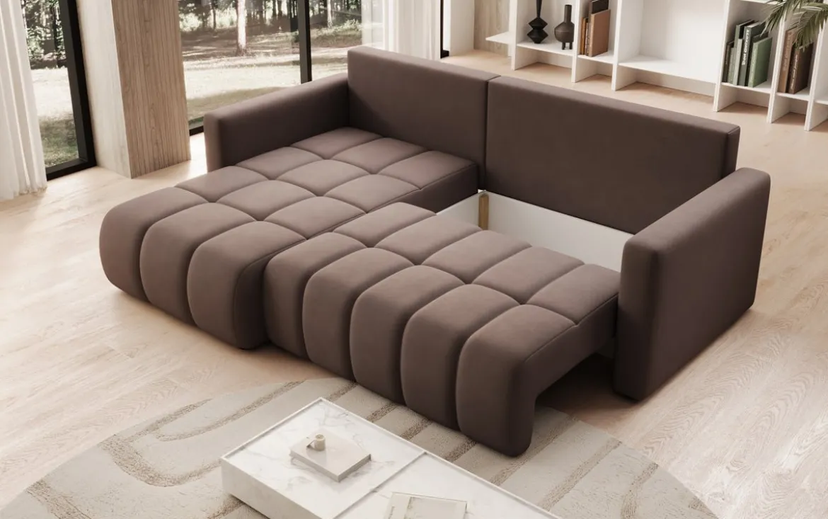 Designer Ecksofa Beatrice mit Schlaf- und Klappfunktion in Stoff
