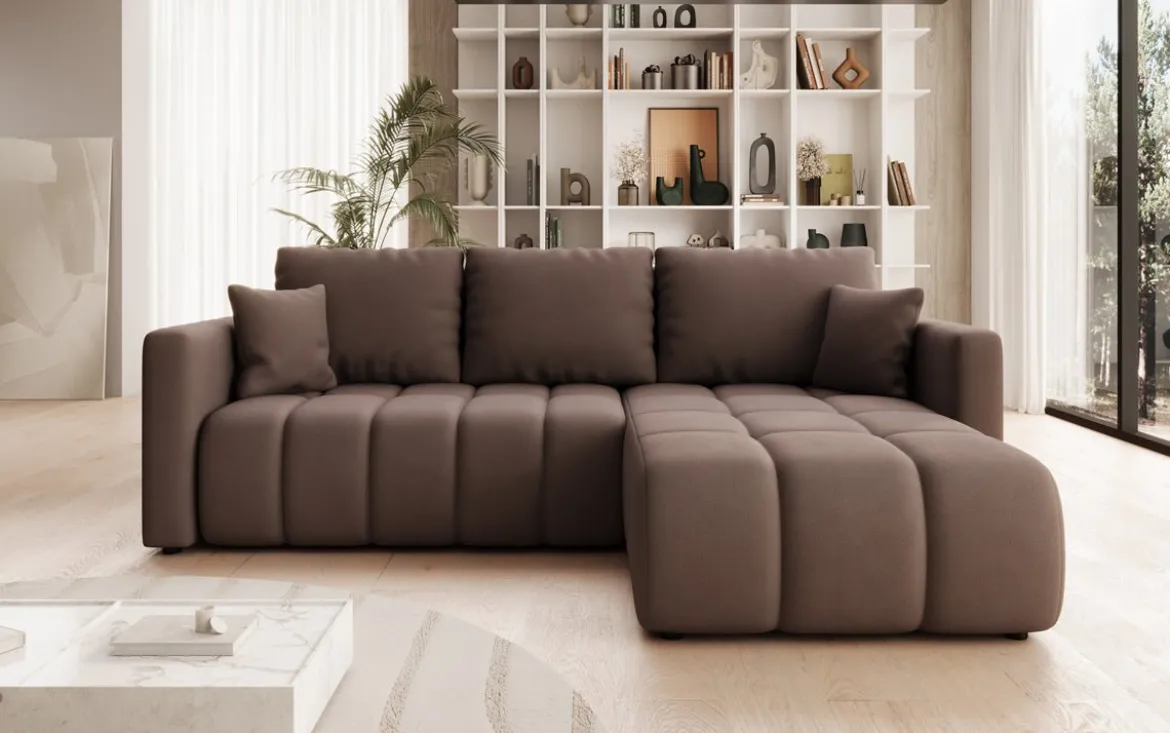 Designer Ecksofa Beatrice mit Schlaf- und Klappfunktion in Stoff