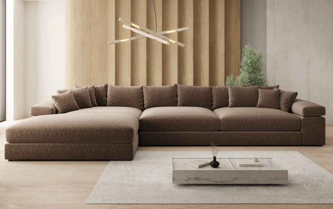 Designer Ecksofa Bernardo Maxi mit breiter Ottomane in Strukturstoff
