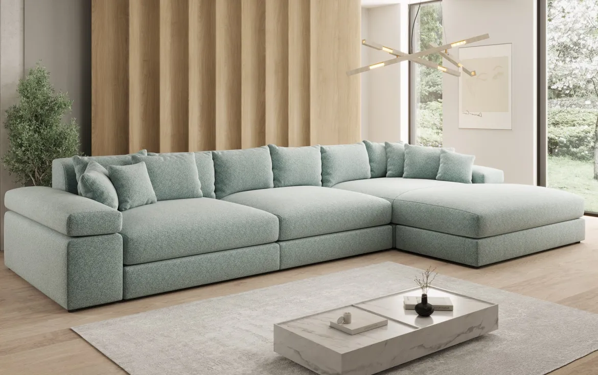 Designer Ecksofa Bernardo Maxi mit breiter Ottomane in Strukturstoff