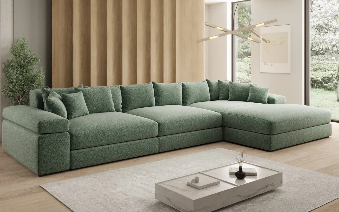Designer Ecksofa Bernardo Maxi mit breiter Ottomane in Strukturstoff