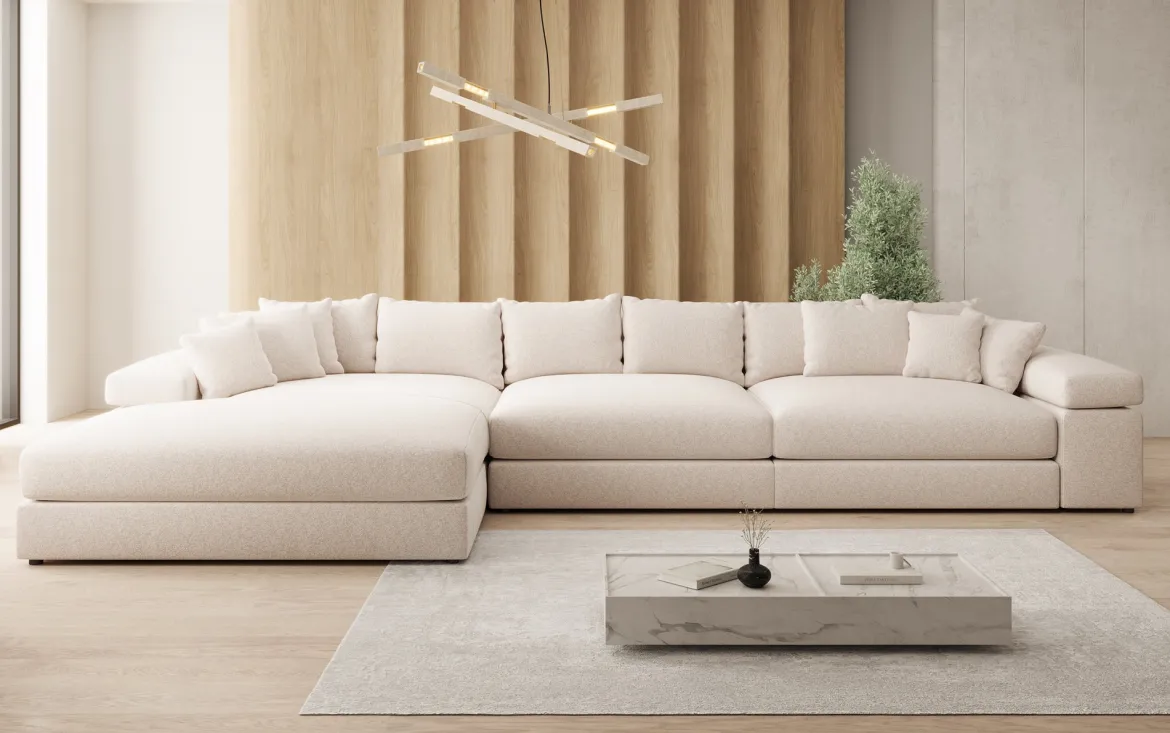 Designer Ecksofa Bernardo Maxi mit breiter Ottomane in Strukturstoff
