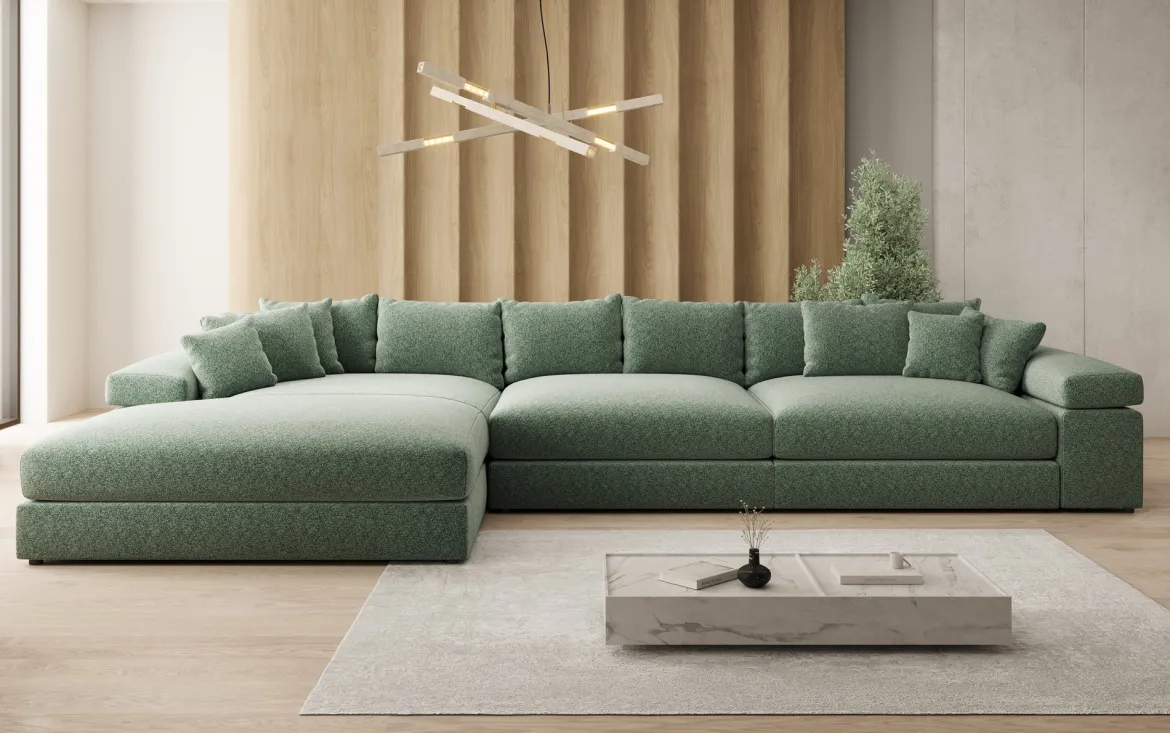 Designer Ecksofa Bernardo Maxi mit breiter Ottomane in Strukturstoff