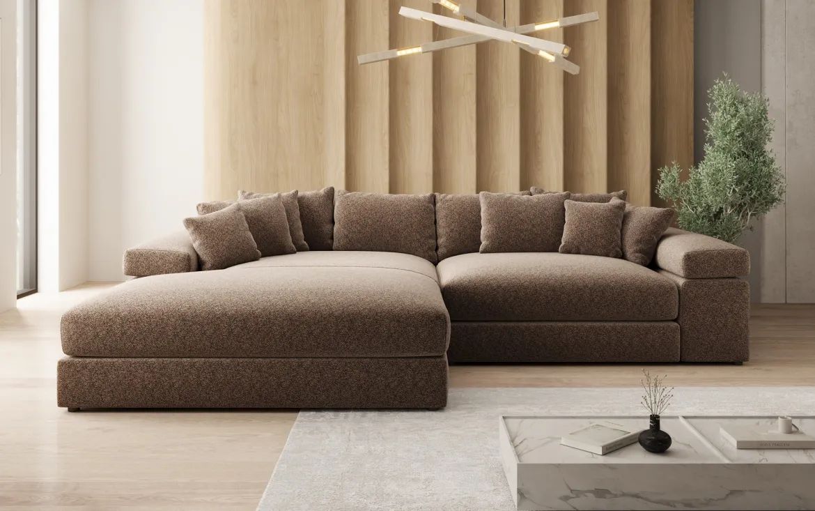Designer Ecksofa Bernardo mit breiter Ottomane in Strukturstoff