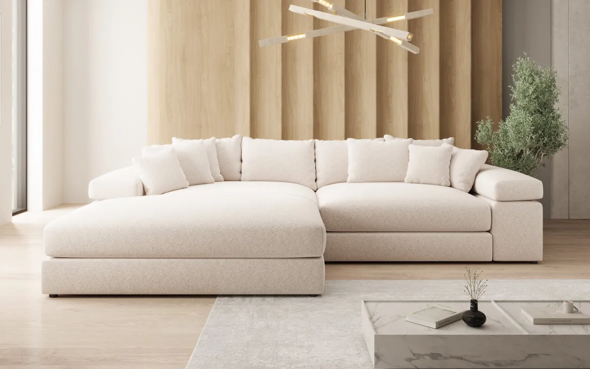Designer Ecksofa Bernardo mit breiter Ottomane in Strukturstoff
