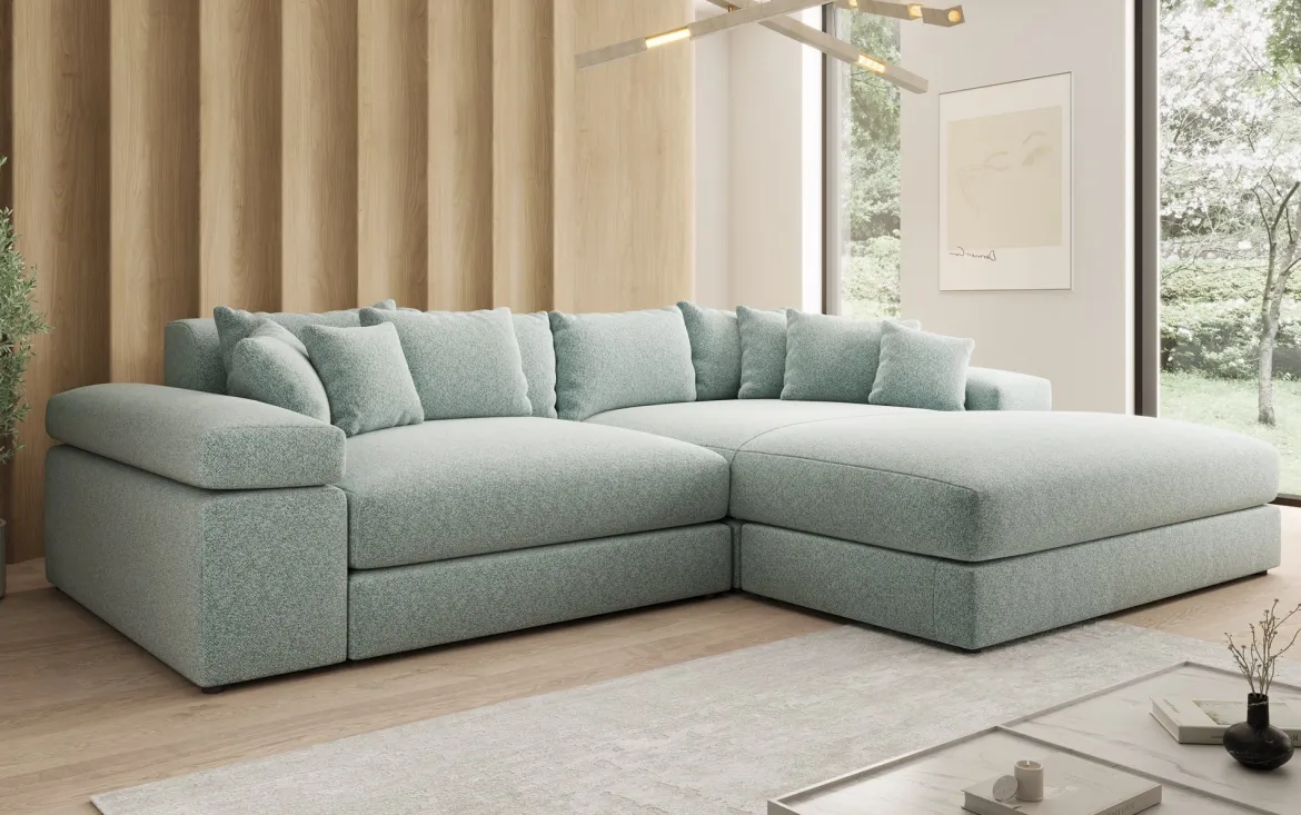 Designer Ecksofa Bernardo mit breiter Ottomane in Strukturstoff