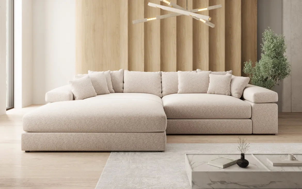 Designer Ecksofa Bernardo mit breiter Ottomane in Strukturstoff