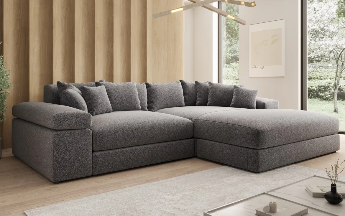 Designer Ecksofa Bernardo mit breiter Ottomane in Strukturstoff