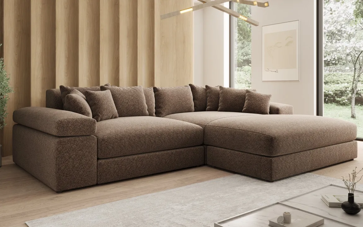 Designer Ecksofa Bernardo mit breiter Ottomane in Strukturstoff