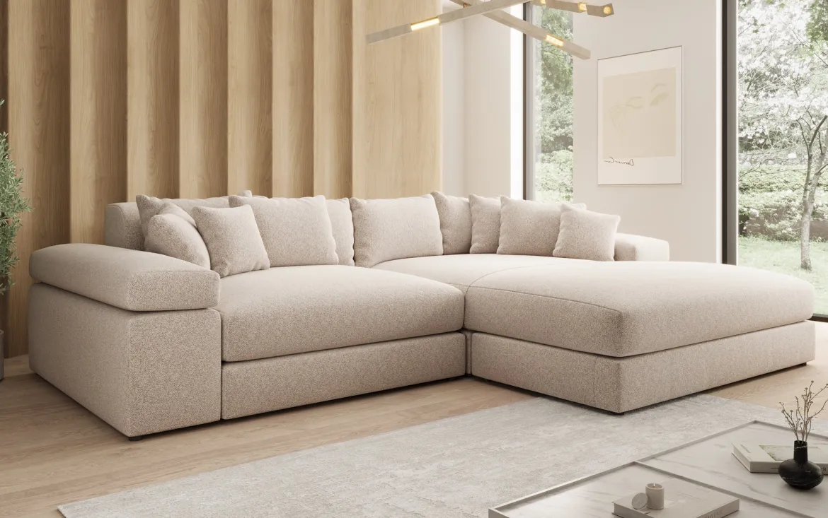 Designer Ecksofa Bernardo mit breiter Ottomane in Strukturstoff